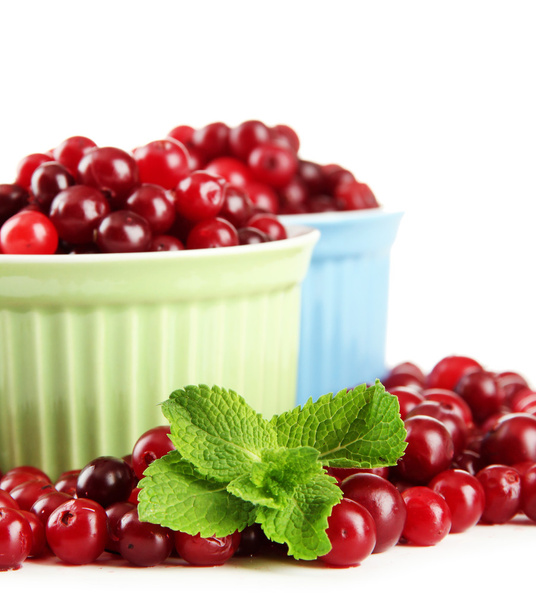 Ripe red cranberries in bowls, isolated on whit - Fotó, kép