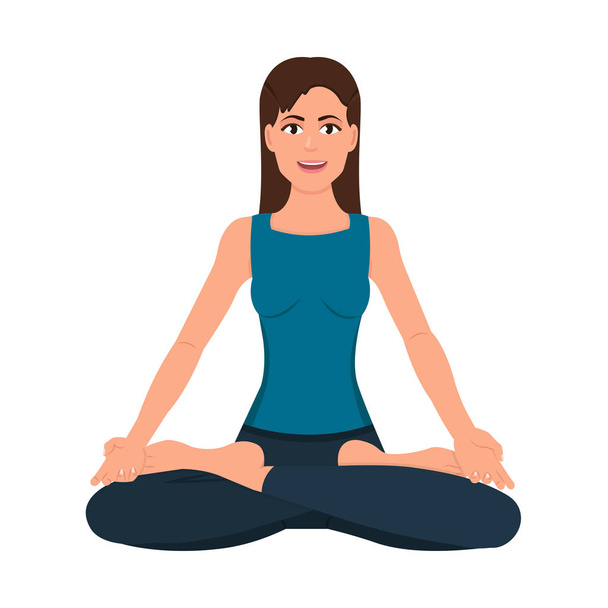 Kız lotus pozisyonunda düz simge oturan, kadın yoga veya meditasyon vektör illüstrasyon yapıyor - Vektör, Görsel
