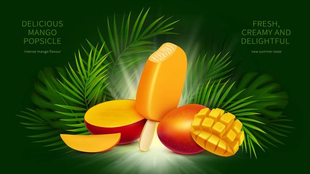 Mango buzlu şeker, ısırık sarı dondurma ve palmiye yaprakları - Vektör, Görsel