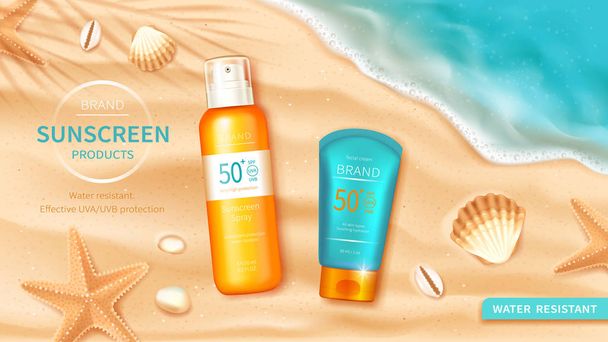 Sonnencreme Kosmetik auf Meer oder Ozean Hintergrund - Vektor, Bild