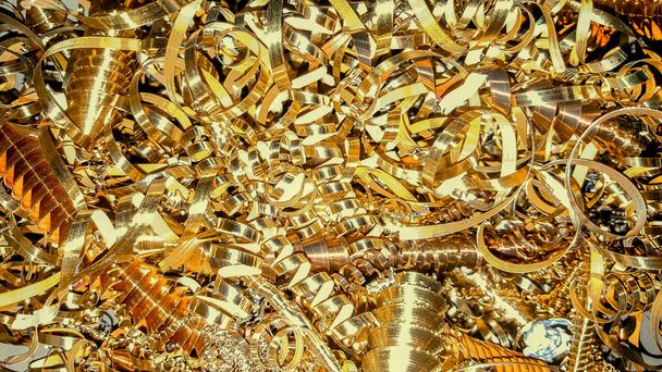 Copper and brass metal shavings, metal sawdust close-up. Abstract color background. - Photo, Image