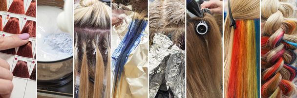 Collage in Form vertikaler Streifen, die Phasen der Haarfärbung im Schönheitssalon zeigen - Foto, Bild