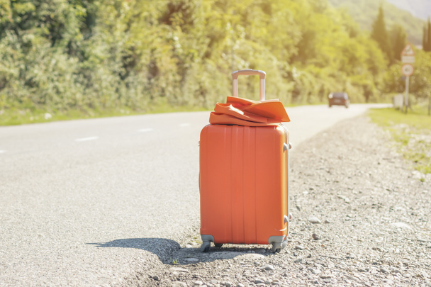 自然を背景にオレンジ色のスーツケースとフィン。家族旅行、週末の概念 - 写真・画像