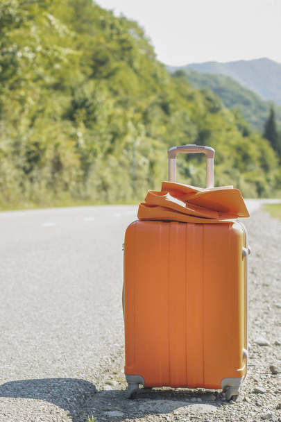 narancssárga bőrönd és uszonyok a háttérben a természet. Fogalmának a családi vakáció, hétvégén - Fotó, kép