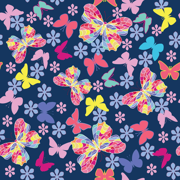 Seamless pattern with flying butterflies and flowers - Vector, imagen