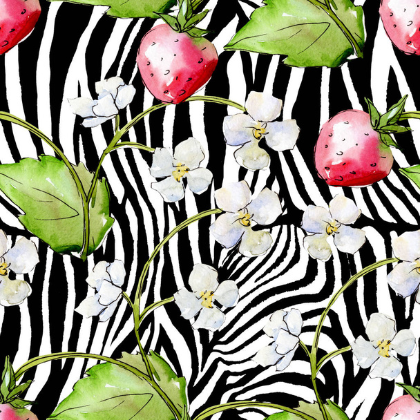 Strawberry healthy food. Watercolor background illustration set. Seamless background pattern. - Fotó, kép