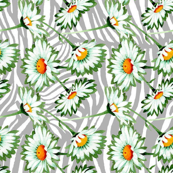 White daisy floral botanical flowers. Watercolor background illustration set. Seamless background pattern. - Foto, afbeelding