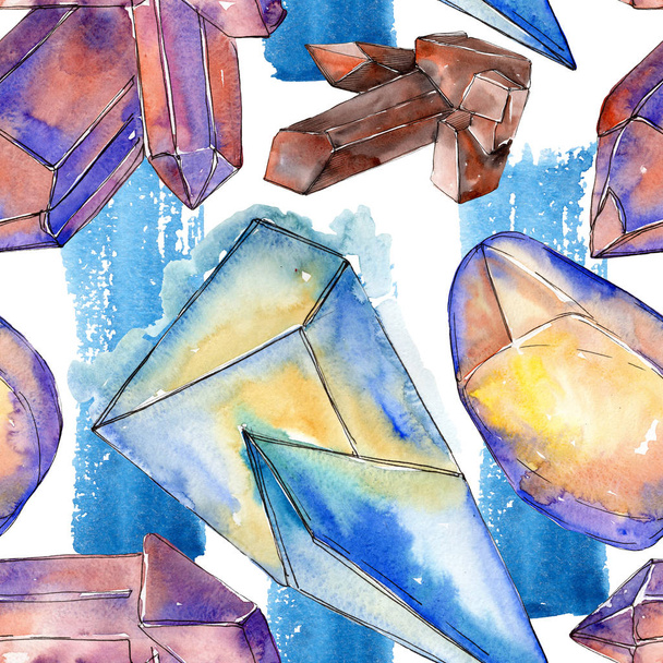 Colorful diamond rock jewelry minerals. Watercolor crystal stone background set. Seamless background pattern. - Foto, immagini