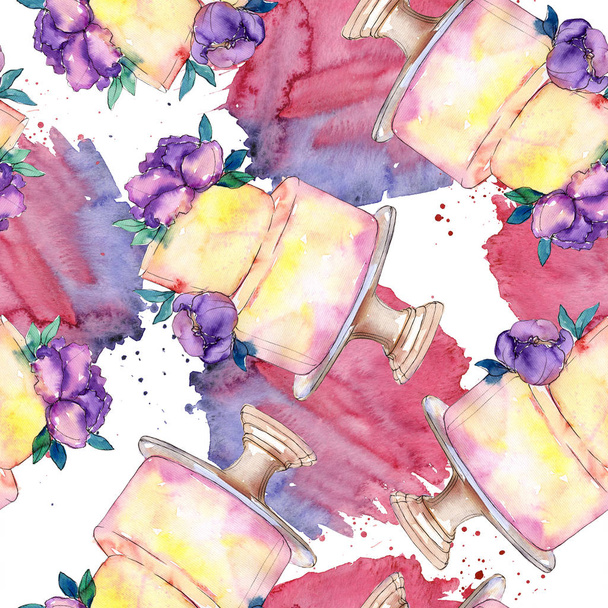 Tasty cake decorated with flowers. Watercolor background illustration set. Seamless background pattern. - 写真・画像