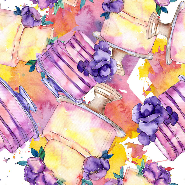 Smakelijke taart versierd met bloemen. Aquarel achtergrond illustratie instellen. Naadloos achtergrond patroon. - Foto, afbeelding