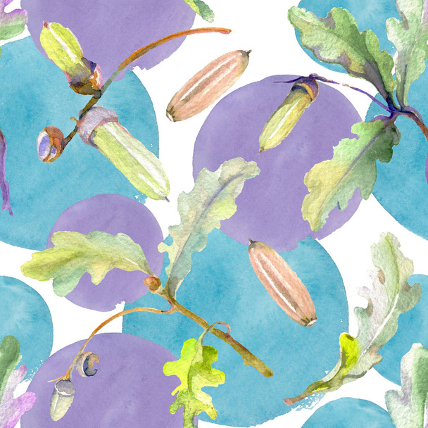 Forest acorn green leaf and nut. Watercolor background illustration set. Seamless background pattern. - Foto, Imagem