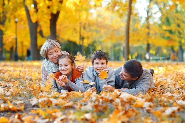 Happy family lying on fallen leaves, playing and having fun in autumn city park. Children and parents together having a nice day. Bright sunlight and yellow leaves on trees, fall season. - Φωτογραφία, εικόνα