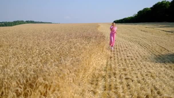 Inspired young girl running and touching wheat, enjoying life and nature - Footage, Video