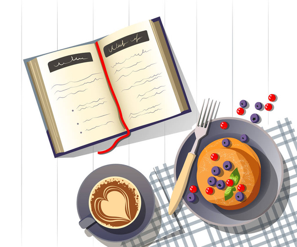 Placa con tortitas, taza de café y cuaderno abierto sobre la mesa. Ilustración vectorial para el desayuno, buenos días. Tarjeta, banner, diseño de póster
. - Vector, Imagen