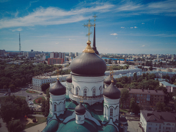 Domes with golden crosses of the Orthodox Church, blue sky. - Photo, Image