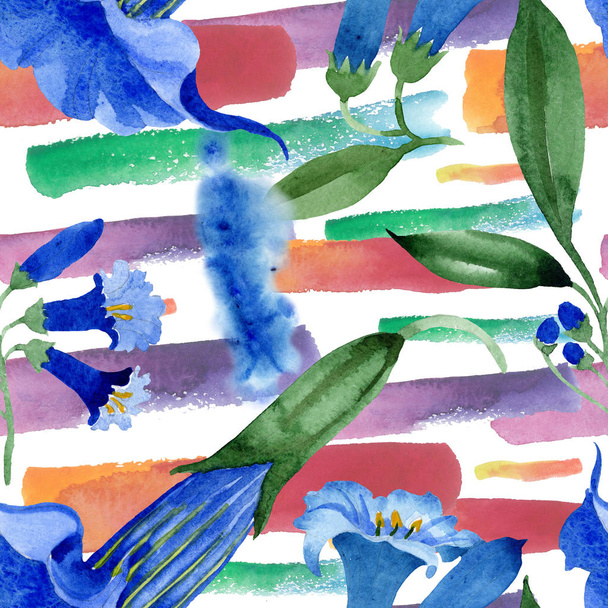 Sininen brugmansia kukka kasvitieteellinen kukkia. Vesiväri tausta kuvitussarja. Saumaton taustakuvio
. - Valokuva, kuva