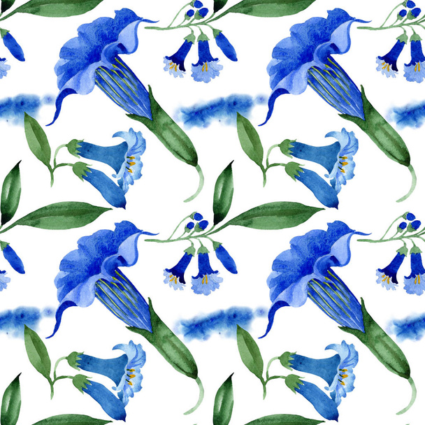 Blue brugmansia floral botanical flowers. Watercolor background illustration set. Seamless background pattern. - Fotoğraf, Görsel
