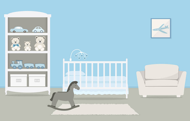 Дитяча кімната для новонародженої дитини. Інтер'єр спальні для малюка хлопчик в синьому кольорі. Є дитяче ліжечко, шафа з іграшками, крісло, качалка та інші речі на малюнку. Векторна ілюстрація - Вектор, зображення