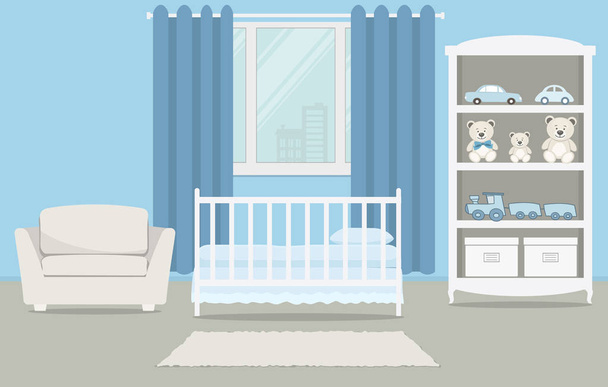 Kid's kamer voor een pasgeboren baby. Interieur slaapkamer voor een baby jongen in een blauwe kleur. Er is een kinderbed, een kledingkast met speelgoed, een fauteuil en andere dingen op een raam achtergrond in de foto. Vector - Vector, afbeelding