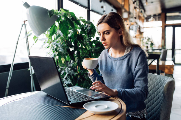 Beautiful woman drinking coffee at cafe while working on laptop - Photo, Image