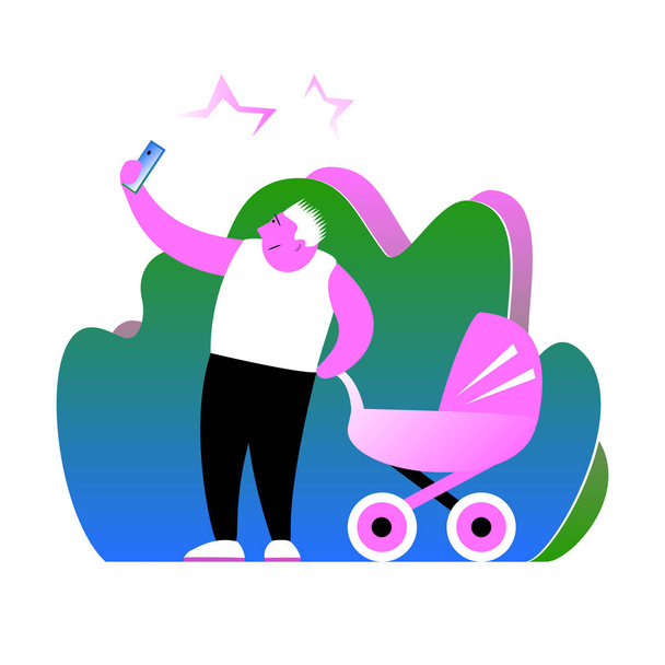 Father takes a selfie with a pram. - Vector, Image