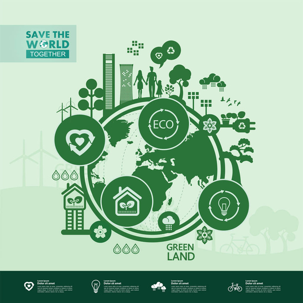 Salvare il mondo insieme ecologia verde illustrazione vettoriale. - Vettoriali, immagini