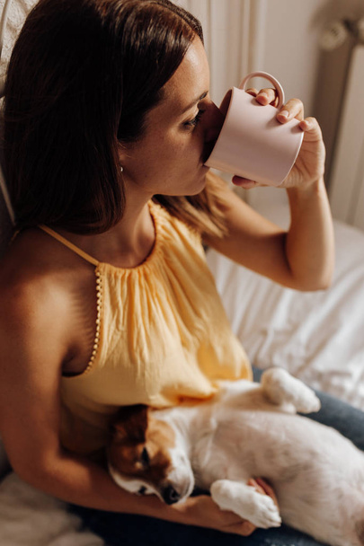 Vue du dessus de la belle femme assise sur le lit buvant une tasse de café avec son chien Jack Russell terrier couché dans ses jambes au coucher du soleil
. - Photo, image