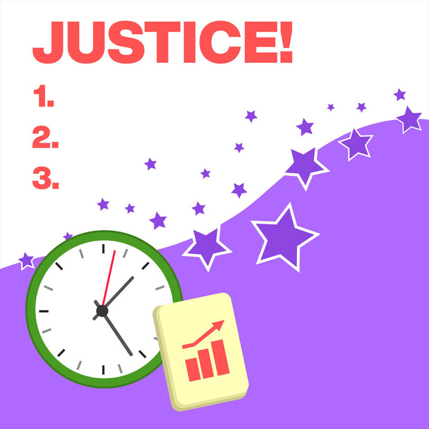Text sign showing Justice. Conceptual photo impartial adjustment of conflicting claims or assignments Layout Wall Clock Notepad with Escalating Bar Graph and Arrow Pointing Up. - Photo, Image