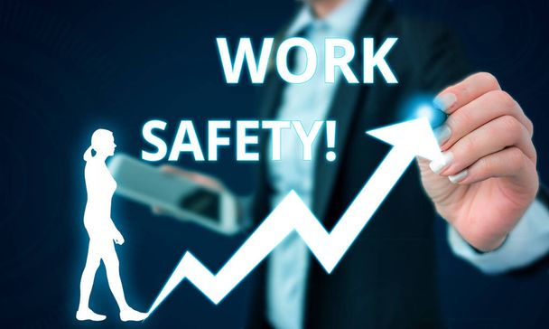 Conceptual hand writing showing Work Safety. Business photo text policies and procedures in place to ensure health of employees Female human wear formal work suit presenting smart device. - Photo, Image