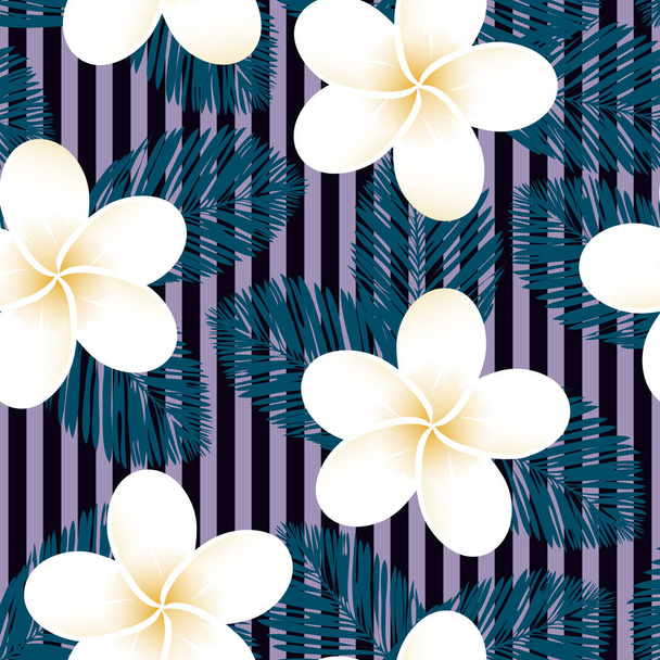 Seamless striped vector tropical pattern. Plumeria, frangipani. Exotic vector beach wallpaper seamless pattern. - Vector, Image