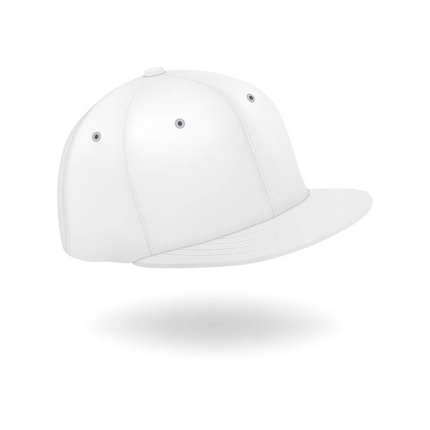 ベクトル3Dリアルレンダリングホワイトブランク野球スナップバックキャップアイコンクローズアップは、白い背景に分離されています。モックアップ、ブランディング、広告用のデザインテンプレート。正面と側面のビュー - ベクター画像