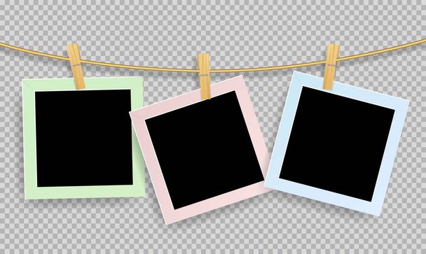 Color pastel of Retro realistic photo frame with paper clip of wood isolated on transparent background - Vector, Image