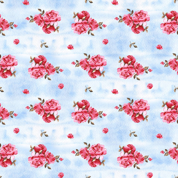 Watercolor floral pattern with gently pink English rose and spring flowers. Vintage seamless pattern. - Fotoğraf, Görsel