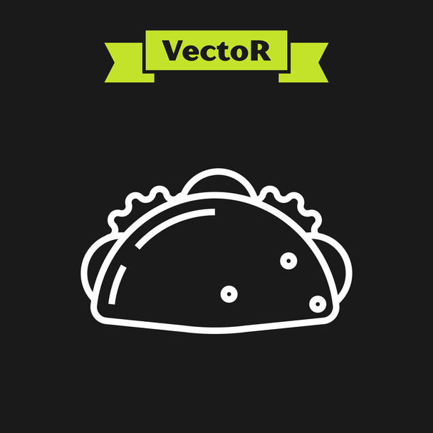 Fehér vonal taco tortilla ikon izolált fekete háttér. Hagyományos mexikói gyorséttermi menü. Vektoros illusztráció - Vektor, kép