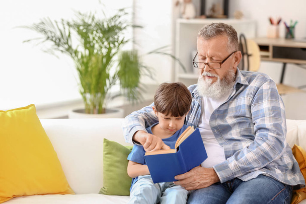 Cute little boy reading book with grandfather at home - Photo, Image