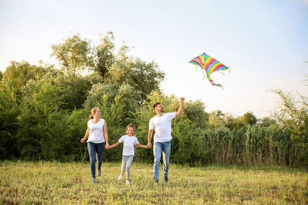 Happy family flying kite outdoors - Foto, imagen