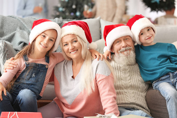 Счастливые бабушки и дедушки и маленькие дети в шляпах Санта-Клауса дома
 - Фото, изображение