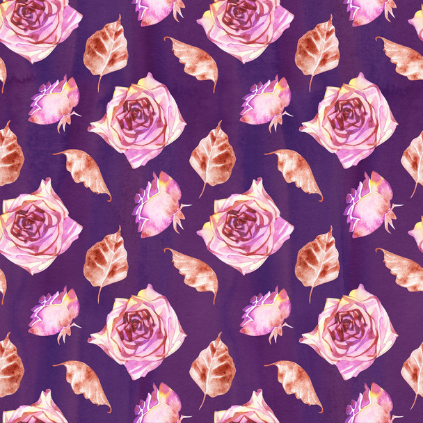 Watercolor roses seamless pattern. Seamless texture with boho roses. Hand painted vintage gardening background. - Foto, imagen