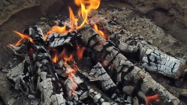 Κοντινή θέα σε λαμπερό κάρβουνο και φλόγα στο Μπάρμπεκιου Γκριλ - Πλάνα, βίντεο