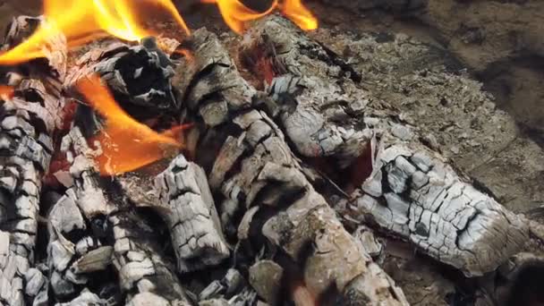 Близький погляд на світиться вугілля і полум'я в грилі барбекю
 - Кадри, відео