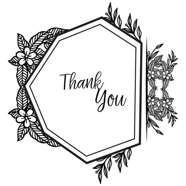 Various lettering of thank you, decoration greeting card, ornament black white flower frame. Vector - Vector, Image