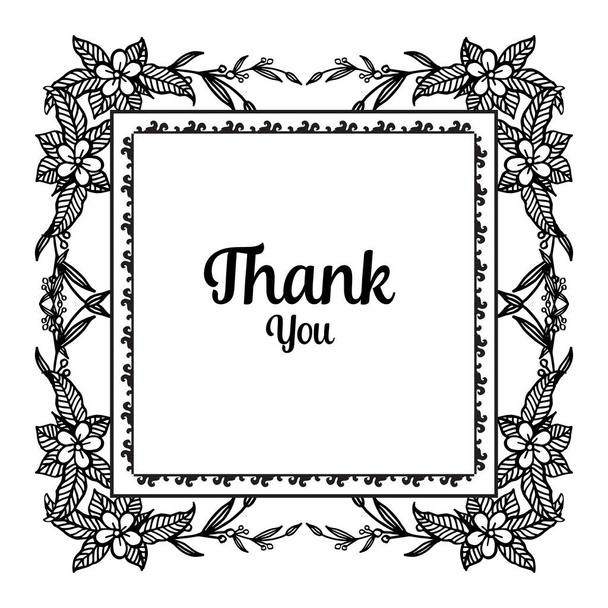 Various lettering of thank you, decoration greeting card, ornament black white flower frame. Vector - Vettoriali, immagini
