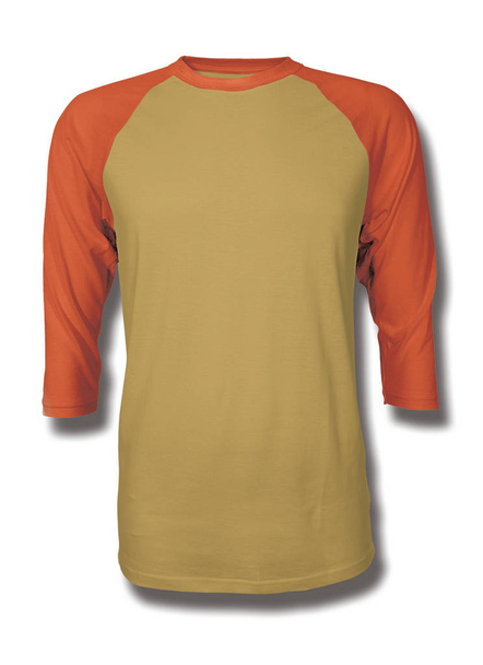 Pasting your graphic into this Front View Three Quarter Sleeves Baseball Tshirt Mock Up In Spicy Mustard Color, Showcase your designs like a graphic design pro - Photo, Image