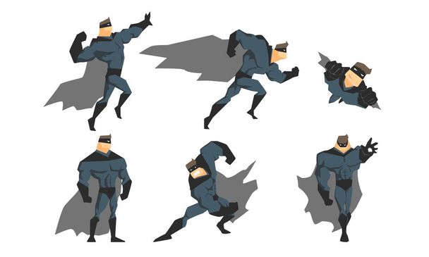 Superheld in verschillende actie poses set, moedige superheld karakter in grijs kostuum, zwaaien cloaks en zwart masker vector illustratie - Vector, afbeelding