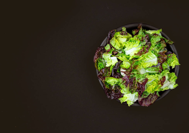 Green Salad with  lettuce leaves in a  black bowl on black backg - Fotografie, Obrázek