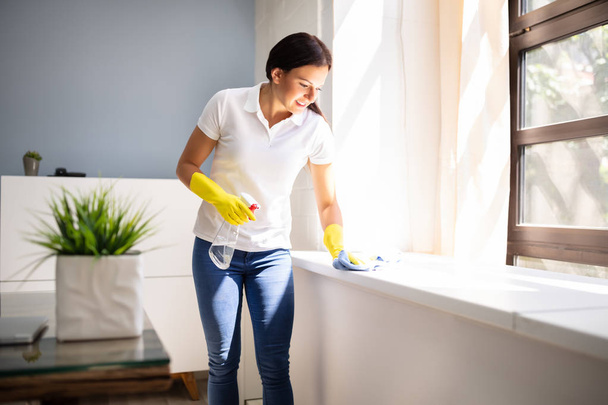 Mujer joven limpiando la ventanilla con servilleta y botella de aerosol en la oficina
 - Foto, Imagen