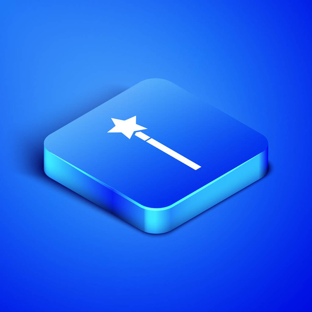 Izometrikus Varázspálca ikon, izolált kék háttér. Csillag alakú mágikus tartozék. Mágikus erő. Kék négyzet gombot. Vektoros illusztráció - Vektor, kép