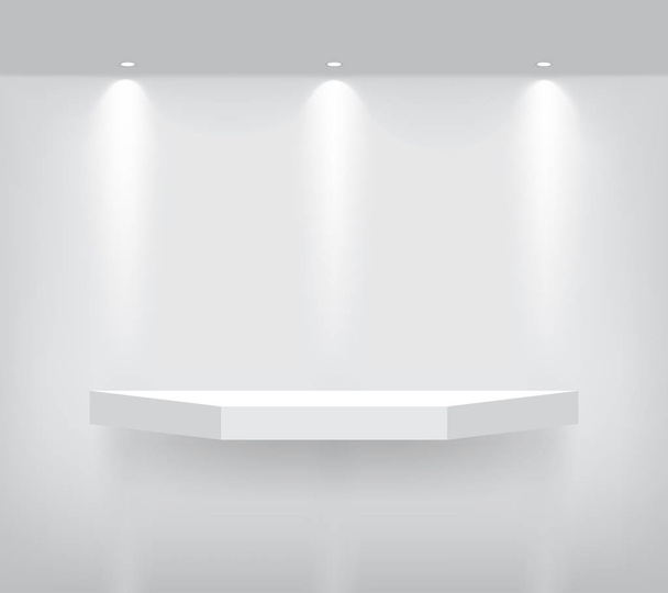 Нарисуйте реалистичную пустую геометрическую полку для интерьера, чтобы показать продукт с прожектором и тенью на белом фоне. Иллюстрация дизайна пьедестала
 - Вектор,изображение