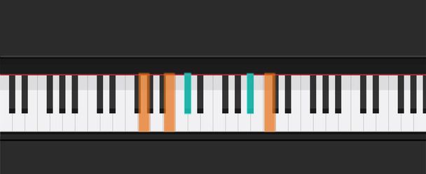 Piano keys learning how to play chords vector illustration, flat cartoon piano keyboard lesson app for studying top view image - Vektor, obrázek