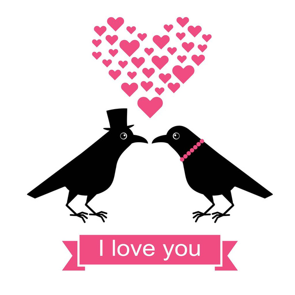Dos cuervos graciosos, un caballero seduce a una dama, San Valentín de dibujos animados. Lindo cuervo ilustración - Vector, imagen